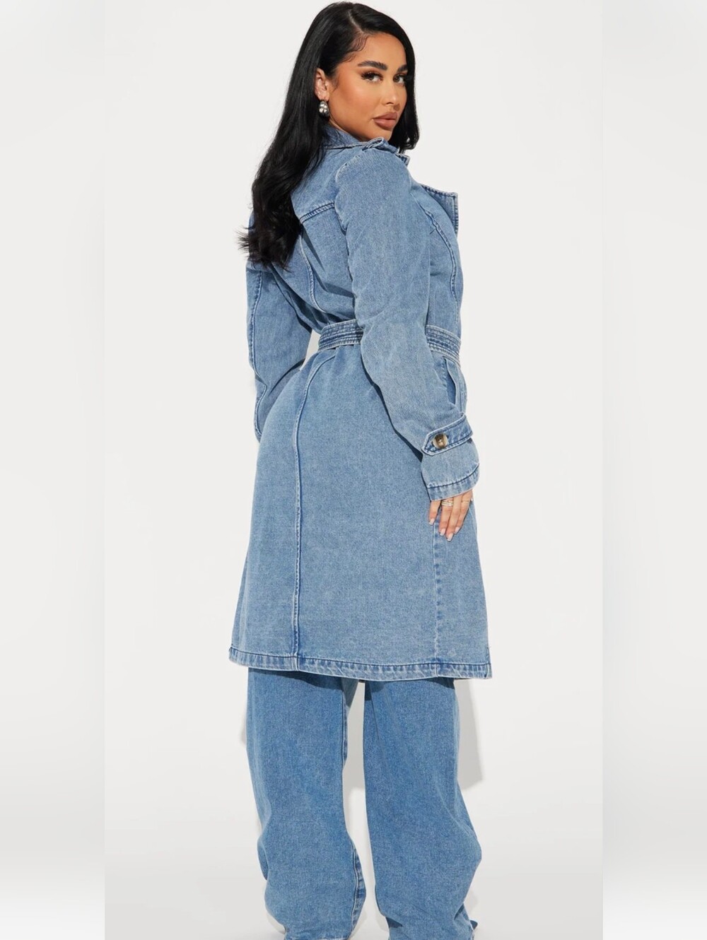 Fashion Nova Take You There Denim Belted Trench Coat Size XL NWT Medium Wash - Picture 4 of 12